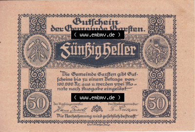 Notgeldscheine Oberösterreich Garsten, Gemeinde 192x, 50 Heller. Vorderseite des oberösterreichischen Notgeldscheins im online... Sammlung