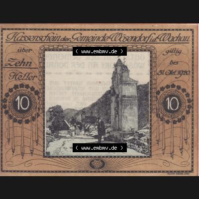 Notgeldscheine Niederösterreich Wösendorf Wachauer Notgeld 1920, 10 Heller. Vorderseite des Notgeldscheins im online Katalog auf EMBMV zum katalogisieren der eigenen Sammlung für... Sammlung