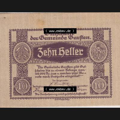 Notgeldscheine Oberösterreich Garsten, Gemeinde 192x, 10 Heller. Vorderseite des oberösterreichischen Notgeldscheins im online Katalog auf EMBMV zum katalogisieren der eigenen... Sammlung