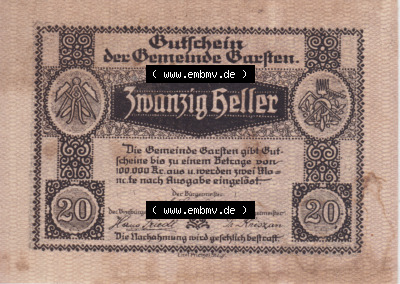 Notgeldscheine Oberösterreich Garsten, Gemeinde 192x, 20 Heller. Vorderseite des oberösterreichischen Notgeldscheins im online... Sammlung