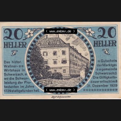 Notgeldscheine Salzburg Schwarzach im Pongau, Marktgemeinde 1920, 20 Heller (1). Notgeld Salzburg Marktgemeinde Schwarzach im Pongau, Notgeldscheine aus Salzburg im online... Sammlung