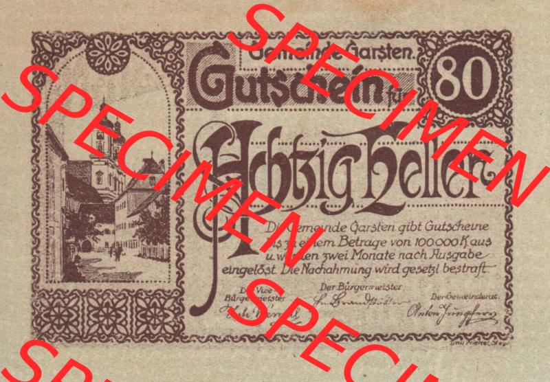 Notgeldscheine Oberösterreich Garsten, Gemeinde 192x, 80 Heller. Vorderseite des oberösterreichischen Notgeldscheins im online Katalog auf EMBMV zum katalogisieren der eigenen... Sammlung