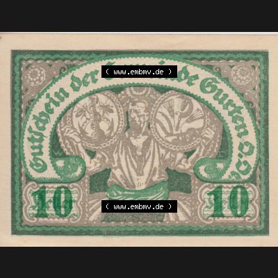 Notgeldscheine Oberösterreich Gurten, Gemeinde 1920, 10 Heller. Vorderseite des oberösterreichischen Notgeldscheins im online Katalog auf EMBMV zum katalogisieren der eigenen... Sammlung