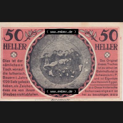 Notgeldscheine Salzburg Schwarzach im Pongau, Marktgemeinde 1920, 50 Heller (1). Notgeld Salzburg Marktgemeinde Schwarzach im Pongau, Notgeldscheine aus Salzburg im online... Sammlung