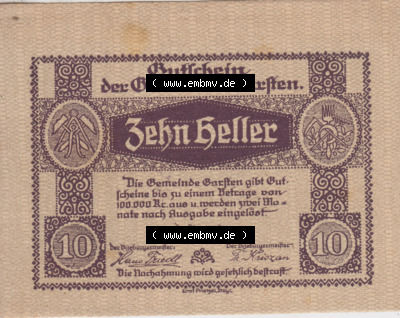 Notgeldscheine Oberösterreich Garsten, Gemeinde 192x, 10 Heller. Vorderseite des oberösterreichischen Notgeldscheins im online... Sammlung