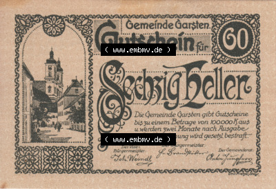 Notgeldscheine Oberösterreich Garsten, Gemeinde 192x, 60 Heller. Vorderseite des oberösterreichischen Notgeldscheins im online... Sammlung