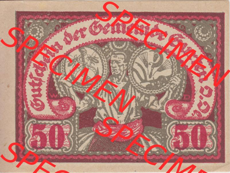 Notgeldscheine Oberösterreich Gurten, Gemeinde 1920, 50 Heller. Vorderseite des oberösterreichischen Notgeldscheins im online Katalog auf EMBMV zum katalogisieren der eigenen... Sammlung