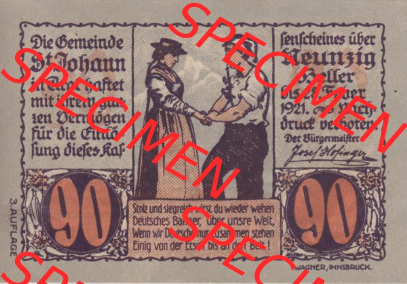 Notgeldscheine Tirol Sankt Johann in Tirol 1921, Auflage 3. 90 Heller (1) Sammlung
