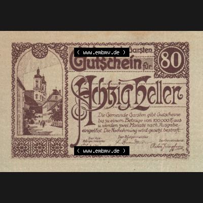 Notgeldscheine Oberösterreich Garsten, Gemeinde 192x, 80 Heller. Vorderseite des oberösterreichischen Notgeldscheins im online Katalog auf EMBMV zum katalogisieren der eigenen... Sammlung