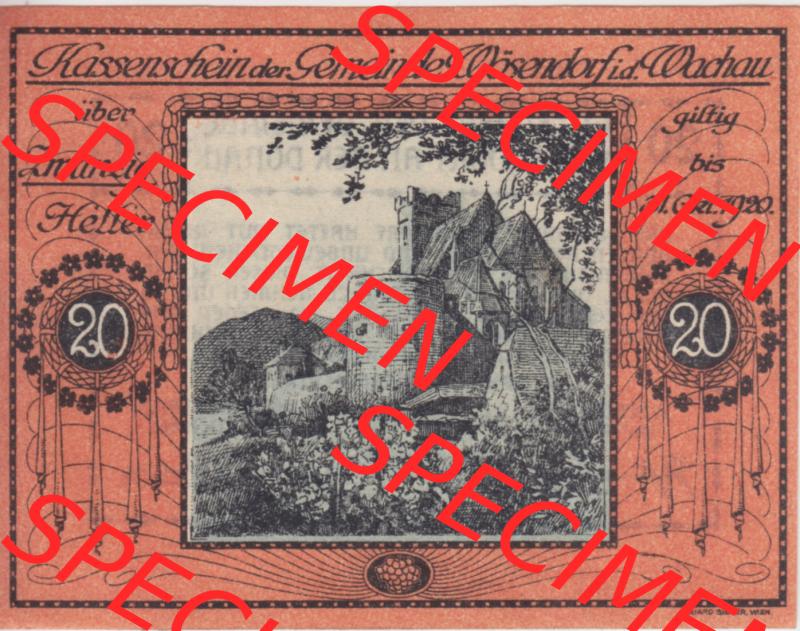 Notgeldscheine Niederösterreich Wösendorf Wachauer Notgeld 1920, 20 Heller. Vorderseite des Notgeldscheins im online Katalog auf EMBMV zum katalogisieren der eigenen Sammlung für... Sammlung
