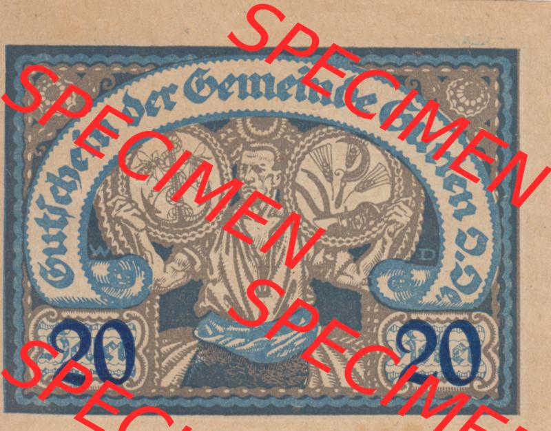 Notgeldscheine Oberösterreich Gurten, Gemeinde 1920, 20 Heller. Vorderseite des oberösterreichischen Notgeldscheins im online Katalog auf EMBMV zum katalogisieren der eigenen... Sammlung
