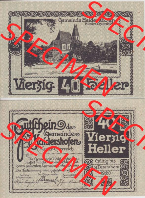 Notgeldscheine Niederösterreich Haidershofen 1920, 40 Heller. Vorderseite und Rückseite des Notgeldscheins auf einen Digitalen Bild zu katalogisieren der eigenen Notgeld-Sammlung... Sammlung