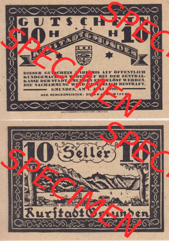 Notgeldscheine Oberösterreich Kurstadt Gmunden 1920, 10 Heller. Vorderseite und Rückseite auf einen Digitalen Bild des oberösterreichischen Notgeldscheins im online Katalog... Sammlung