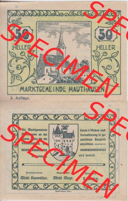 Notgeldscheine Oberösterreich Mauthausen 50 Heller I. Vorderseite und Rückseite auf einen Digitalen Bild des oberösterreichischen Notgeldscheins im online Katalog für private... Sammlung