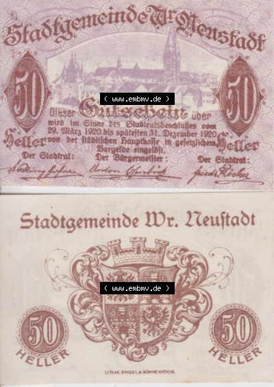 Notgeldscheine Niederösterreich Wiener-Neustadt, Stadt-Gemeinde 1920, 50 Heller. Vorderseite und Rückseite des Notgeldscheins... Sammlung