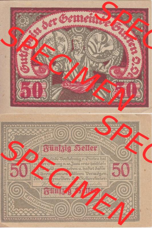 Notgeldscheine Oberösterreich Gurten, Gemeinde 1920, 50 Heller. Vorderseite und Rückseite auf einen Digitalen Bild des oberösterreichischen Notgeldscheins im online Katalog... Sammlung