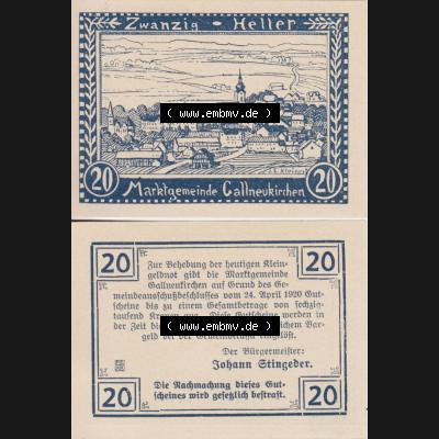 Notgeldscheine Oberösterreich Gallneukirchen 1920, 20 Heller. Vorderseite und Rückseite auf einen Digitalen Bild des oberösterreichischen Notgeldscheins im online Katalog für... Sammlung
