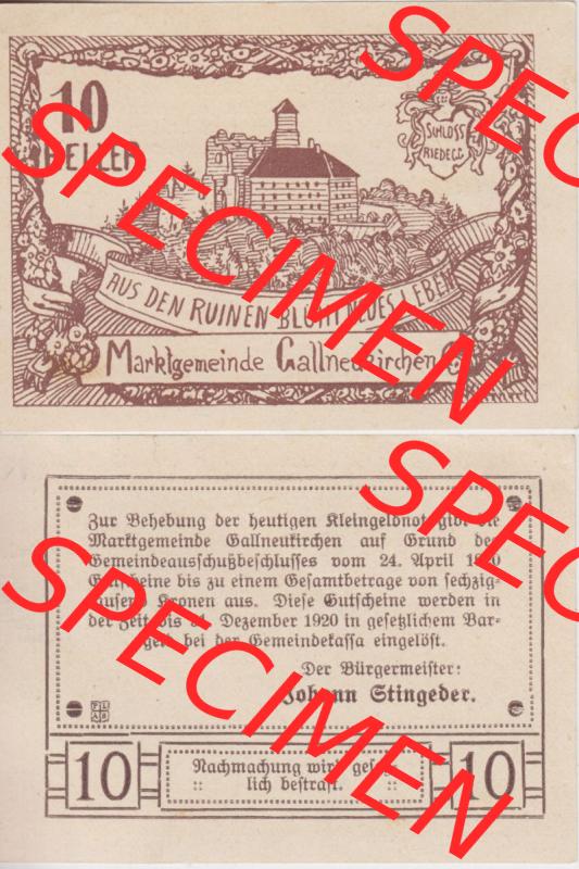 Notgeldscheine Oberösterreich Gallneukirchen 1920, 10 Heller. Vorderseite und Rückseite auf einen Digitalen Bild des oberösterreichischen Notgeldscheins im online Katalog für... Sammlung