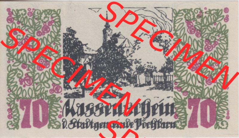 Notgeldscheine Niederösterreich Pöchlarn 1920, 70 Heller. Vorderseite des Notgeldscheins im online Katalog auf EMBMV zum katalogisieren der eigenen Sammlung für private Sammler... Sammlung