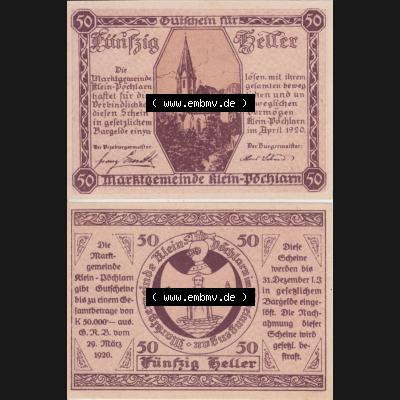 Notgeldscheine Niederösterreich Klein Pöchlarn 1920, 50 Heller. Vorderseite und Rückseite des Notgeldscheins auf einen Digitalen Bild zu katalogisieren der eigenen Notgeld-Sammlung... Sammlung