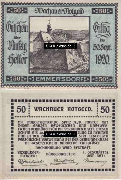 Notgeldscheine Niederösterreich Emmersdorf Wachauer Notgeld 1920, 50 Heller. Vorderseite und Rückseite des Notgeldscheins auf... Sammlung
