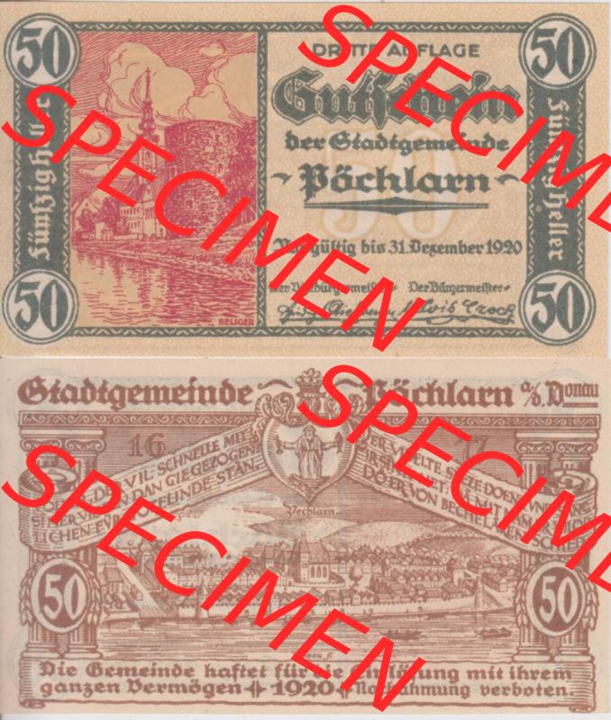 Notgeldscheine Niederösterreich Pöchlarn 1920, 50 Heller II. Vorderseite und Rückseite des Notgeldscheins auf einen Digitalen Bild zu katalogisieren der eigenen Notgeld-Sammlung... Sammlung