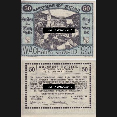 Notgeldscheine Niederösterreich Spitz Wachauer Notgeld 1920, 50 Heller. Vorderseite und Rückseite des Notgeldscheins auf einen Digitalen Bild zu katalogisieren der eigenen Notgeld-Sammlung... Sammlung