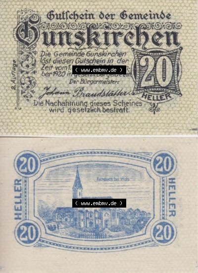 Notgeldscheine Oberösterreich Gunskirchen, Gemeinde 1920, 20 Heller. Vorderseite und Rückseite auf einen Digitalen Bild des... Sammlung