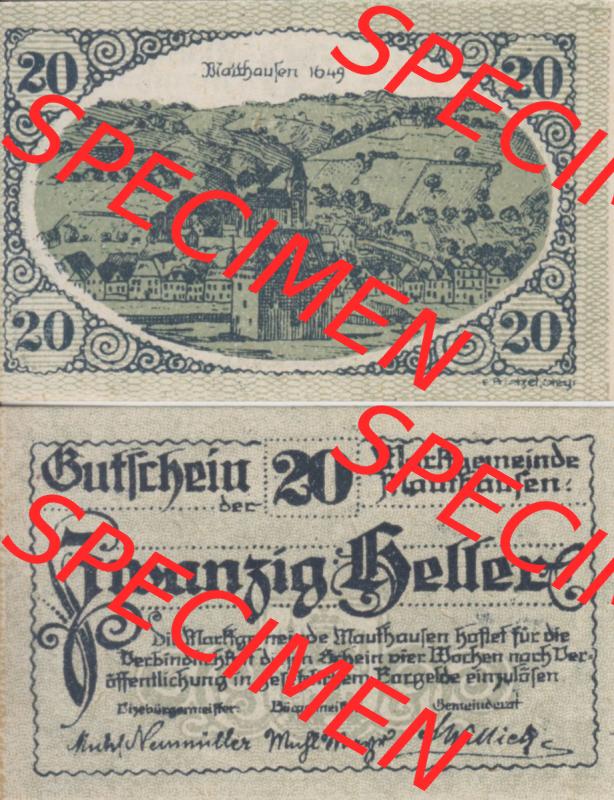 Notgeldscheine Oberösterreich Mauthausen 20 Heller II. Vorderseite und Rückseite auf einen Digitalen Bild des oberösterreichischen Notgeldscheins im online Katalog für private... Sammlung