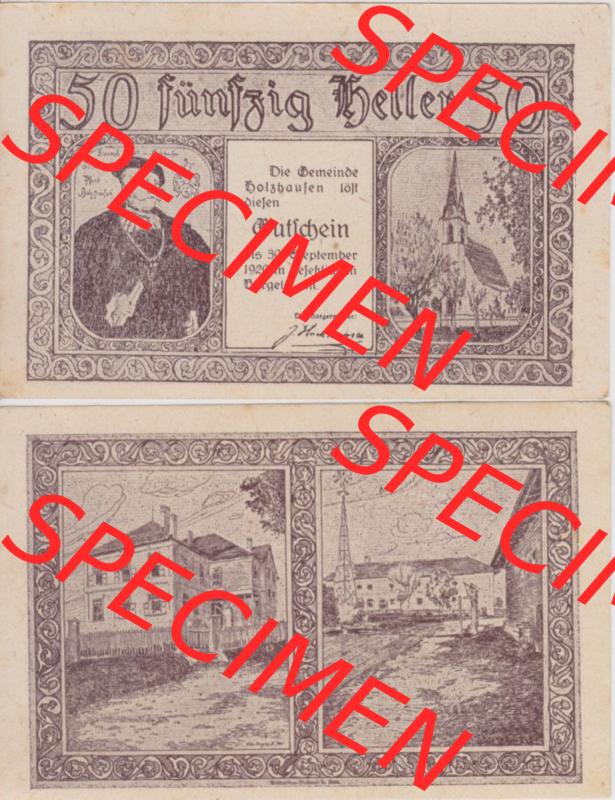 Notgeldscheine Oberösterreich Holzhausen 1920, 50 Heller. Vorderseite und Rückseite auf einen Digitalen Bild des oberösterreichischen Notgeldscheins im online Katalog für... Sammlung