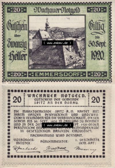 Notgeldscheine Niederösterreich Emmersdorf Wachauer Notgeld 1920, 20 Heller. Vorderseite und Rückseite des Notgeldscheins auf... Sammlung