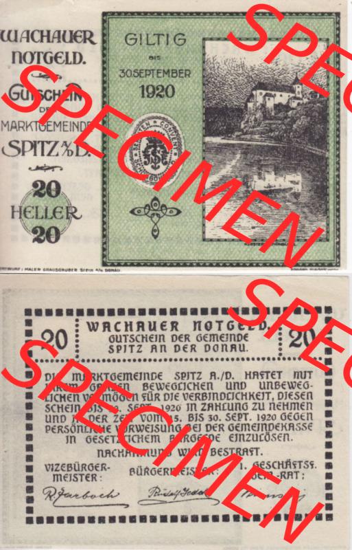 Notgeldscheine Niederösterreich Spitz Wachauer Notgeld 1920, I. 20 Heller. Vorderseite und Rückseite des Notgeldscheins auf einen Digitalen Bild zu katalogisieren der eigenen... Sammlung