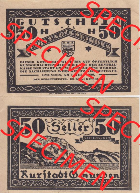 Notgeldscheine Oberösterreich Kurstadt Gmunden 1920, 50 Heller. Vorderseite und Rückseite auf einen Digitalen Bild des oberösterreichischen Notgeldscheins im online Katalog... Sammlung