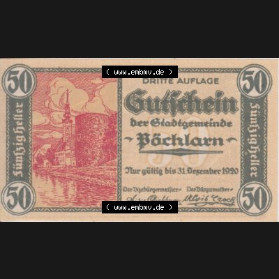 Notgeldscheine Niederösterreich Pöchlarn 1920, 50 Heller II. Vorderseite des Notgeldscheins im online Katalog auf EMBMV zum katalogisieren der eigenen Sammlung für private Sammler... Sammlung