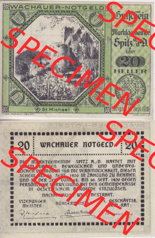 Notgeldscheine Niederösterreich Sankt Michael am Bruckbach 1920, 20 Heller. Vorderseite und Rückseite des Notgeldscheins auf einen Digitalen Bild zu katalogisieren der eigenen Notgeld-Sammlung... Sammlung