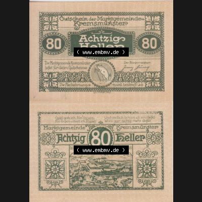 Notgeldscheine Oberösterreich Kremsmünster 1920, 80 Heller. Vorderseite und Rückseite auf einen Digitalen Bild des oberösterreichischen Notgeldscheins im online Katalog... Sammlung