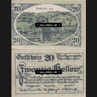 Notgeldscheine Oberösterreich Mauthausen 20 Heller II. Vorderseite und Rückseite auf einen Digitalen Bild des oberösterreichischen Notgeldscheins im online Katalog für private... Sammlung