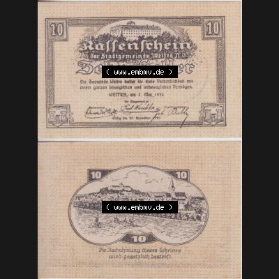 Notgeldscheine Niederösterreich Stadt-Gemeinde Weitra 1920, 10 Heller. Vorderseite und Rückseite des Notgeldscheins auf einen Digitalen Bild zu katalogisieren der eigenen Notgeld-Sammlung... Sammlung