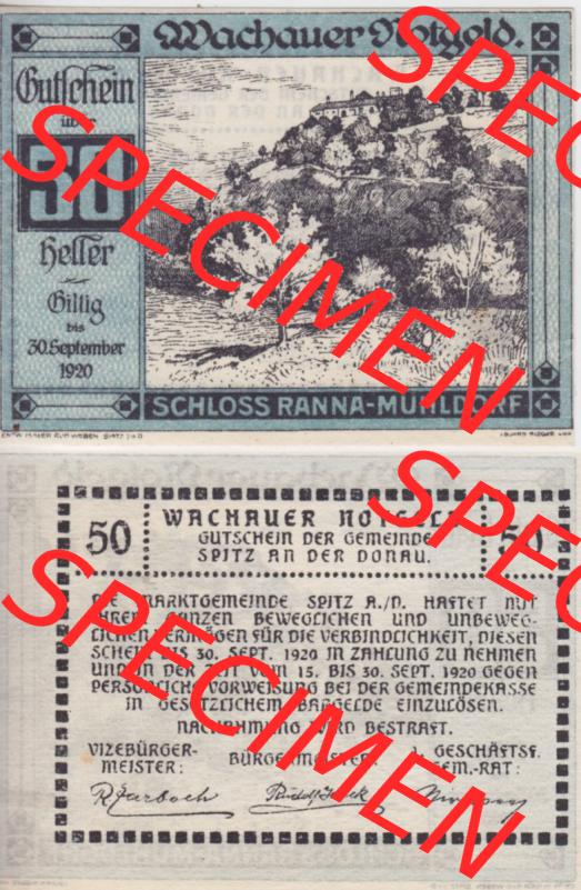 Notgeldscheine Niederösterreich Schloss Ranna-Mühldorf 1920, 50 Heller. Vorderseite und Rückseite des Notgeldscheins auf einen Digitalen Bild zu katalogisieren der eigenen Notgeld-Sammlung... Sammlung
