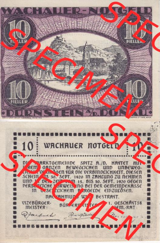 Notgeldscheine Niederösterreich Dürnstein Wachauer Notgeld 1920, 10 Heller. Vorderseite und Rückseite des Notgeldscheins auf einen Digitalen Bild zu katalogisieren der eigenen... Sammlung