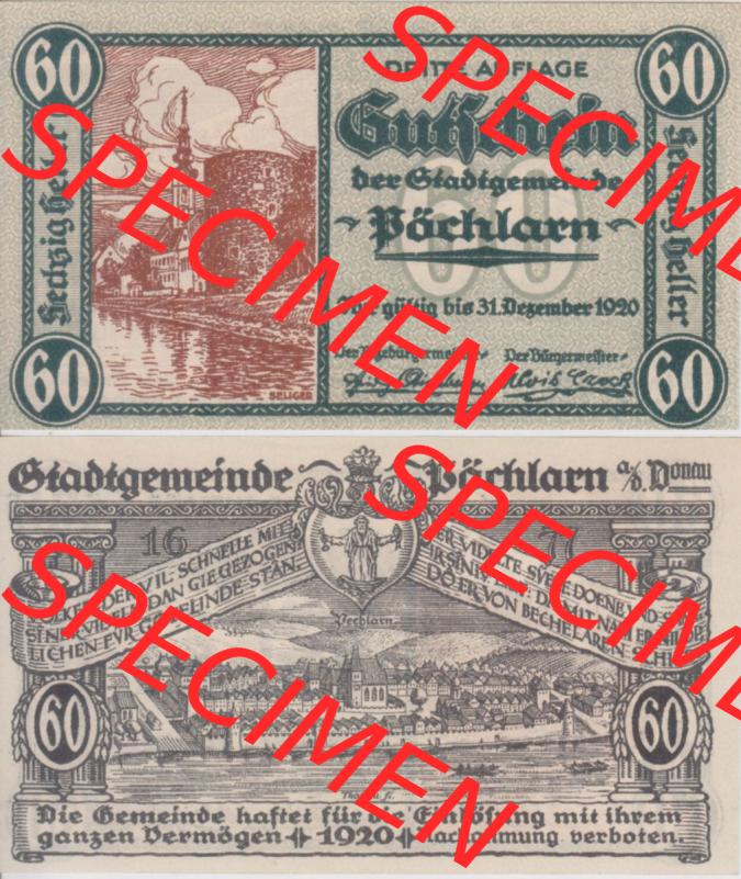 Notgeldscheine Niederösterreich Pöchlarn 1920, 60 Heller. Vorderseite und Rückseite des Notgeldscheins auf einen Digitalen Bild zu katalogisieren der eigenen Notgeld-Sammlung... Sammlung