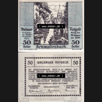 Notgeldscheine Niederösterreich Schwallenbach Wachauer Notgeld 1920, 50 Heller. Vorderseite und Rückseite des Notgeldscheins auf einen Digitalen Bild zu katalogisieren der eigenen... Sammlung