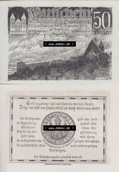 Notgeldscheine Niederösterreich Eggenburg 1920, 50 Heller I. Vorderseite und Rückseite des Notgeldscheins auf einen Digitalen... Sammlung