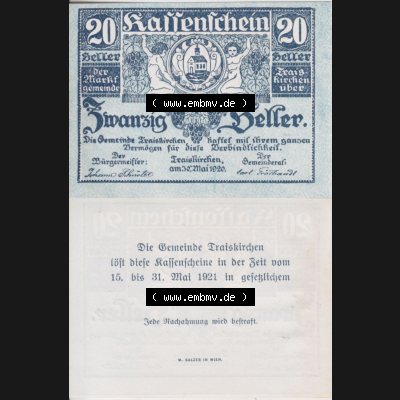 Notgeldscheine Niederösterreich Gemeinde Traiskirchen 1920, 20 Heller. Vorderseite und Rückseite des Notgeldscheins auf einen Digitalen Bild zu katalogisieren der eigenen Notgeld-Sammlung... Sammlung