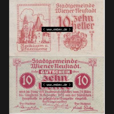 Notgeldscheine Niederösterreich Wiener-Neustadt, Stadt-Gemeinde 1920, 10 Heller. Vorderseite und Rückseite des Notgeldscheins auf einen Digitalen Bild zu katalogisieren der... Sammlung