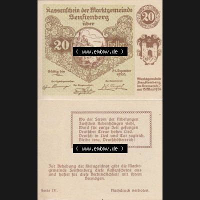 Notgeldscheine Niederösterreich Senftenberg Kassenschein 1920, Serie IV. 20 Heller (3) Sammlung