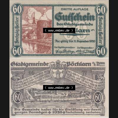 Notgeldscheine Niederösterreich Pöchlarn 1920, 60 Heller. Vorderseite und Rückseite des Notgeldscheins auf einen Digitalen Bild zu katalogisieren der eigenen Notgeld-Sammlung... Sammlung