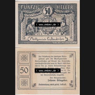 Notgeldscheine Oberösterreich Gallneukirchen 1920, 50 Heller. Vorderseite und Rückseite auf einen Digitalen Bild des oberösterreichischen Notgeldscheins im online Katalog für... Sammlung