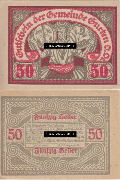 Notgeldscheine Oberösterreich Gurten, Gemeinde 1920, 50 Heller. Vorderseite und Rückseite auf einen Digitalen Bild des oberösterreichischen... Sammlung