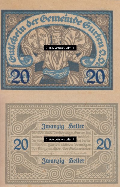 Notgeldscheine Oberösterreich Gurten, Gemeinde 1920, 20 Heller. Vorderseite und Rückseite auf einen Digitalen Bild des oberösterreichischen... Sammlung